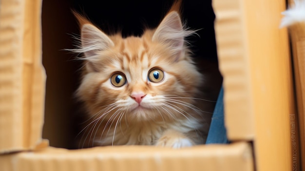 Un gatto sbircia fuori da una scatola di cartone un gatto tagliato dentro