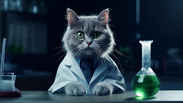 Un gatto scienziato grigio che indossa un camice da laboratorio accanto alle provette in un laboratorio