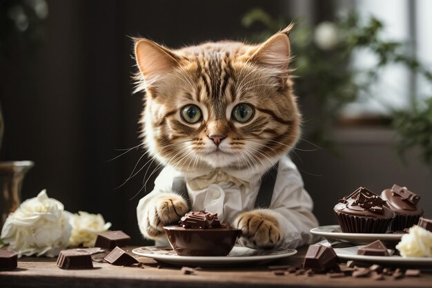 Un gatto scozzese adulto tiene un setaccio con zucchero in polvere e spruzza una torta di prugne su un ru marrone