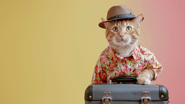 un gatto scozzese rosso sorridente che indossa una camicia e un cappello turistico che porta una grande valigia Generative Ai