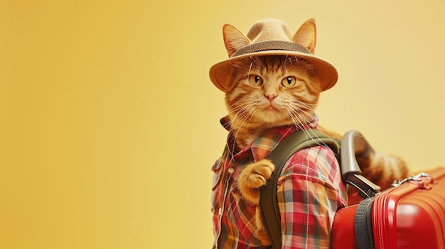 un gatto scozzese rosso sorridente che indossa una camicia e un cappello turistico che porta una grande valigia Generative Ai