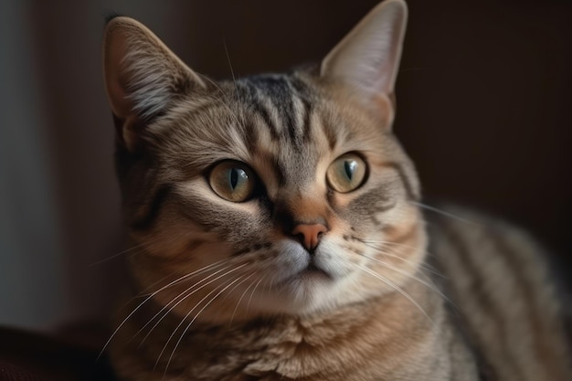 Un gatto scozzese si siede su uno sfondo beige ritratto di un gatto in primo piano