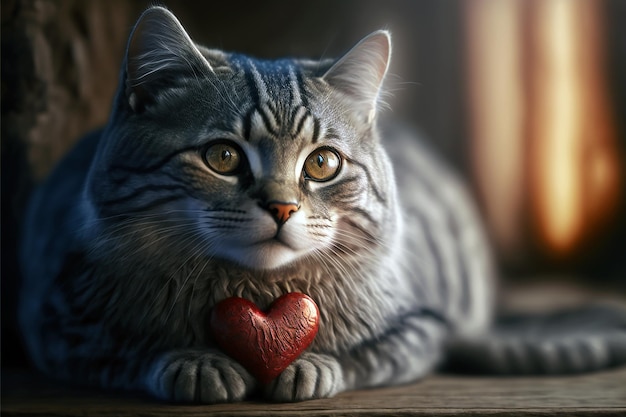 Un gatto sdraiato con un cuore rosso giocattolo Concetto di San Valentino IA generativa