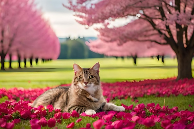 Un gatto sdraiato in un campo di fiori con alberi rosa sullo sfondo