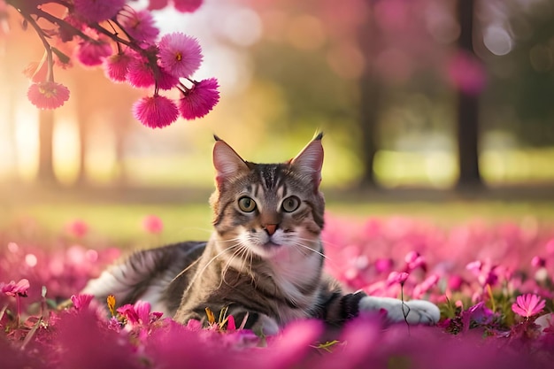 Un gatto sdraiato in un campo di fiori