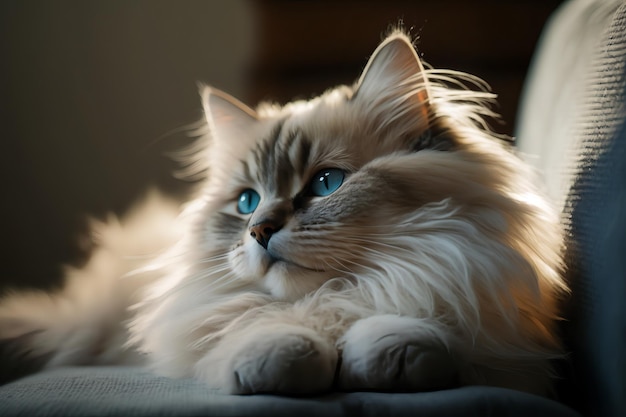 Un gatto sdraiato su un divano con il sole che splende su di esso.