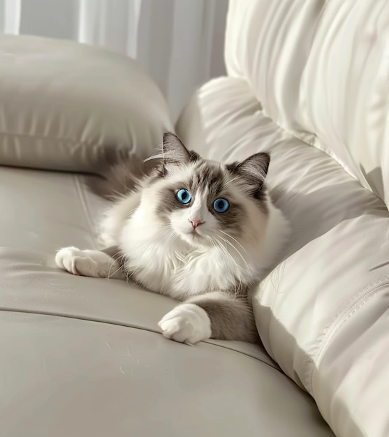un gatto sdraiato su un divano con le zampe sul divano generativo ai