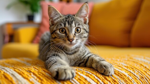 Un gatto sdraiato su un divano giallo con gli occhi aperti ai