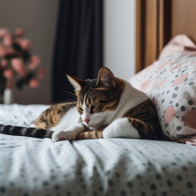 Un gatto sdraiato su un letto che fa un pisolino nello stile delle giocose ricombinazioni toyen