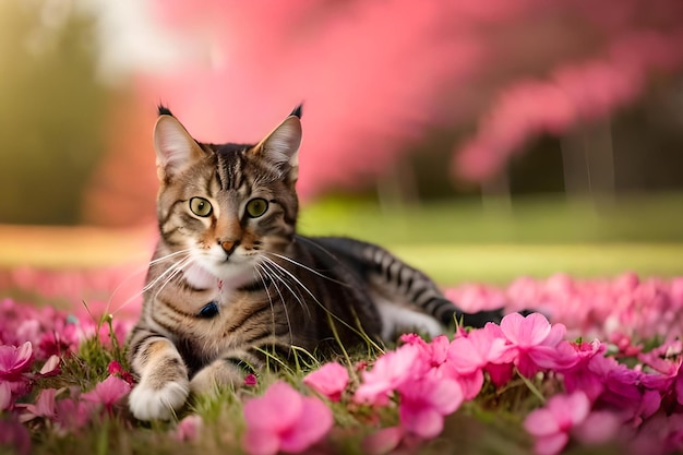 Un gatto sdraiato su un letto di fiori