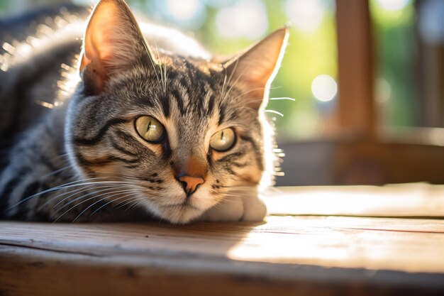 un gatto sdraiato su un pavimento di legno con gli occhi chiusi