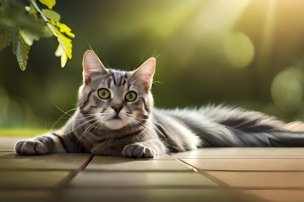 Un gatto sdraiato su un pavimento di legno davanti a uno sfondo verde frondoso.