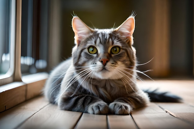 Un gatto sdraiato su un pavimento di legno