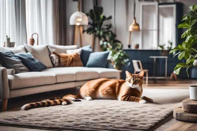 Un gatto sdraiato su un tappeto in un soggiorno con un divano e una lampada.