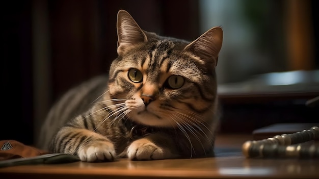 Un gatto sdraiato su un tavolo con sopra un telecomando