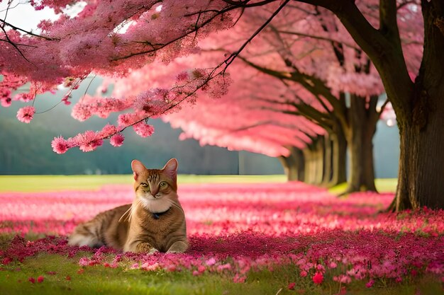 Un gatto sdraiato su una fila di alberi rosa con fiori rosa sul terreno.