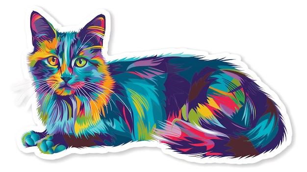 un gatto sdraiato sul fianco con un disegno colorato sul viso
