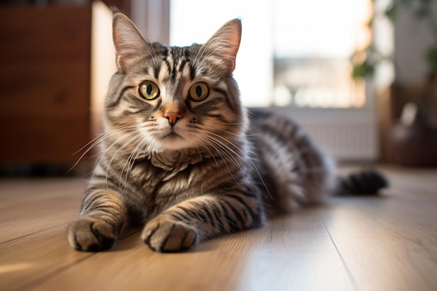 un gatto sdraiato sul pavimento guardando la telecamera