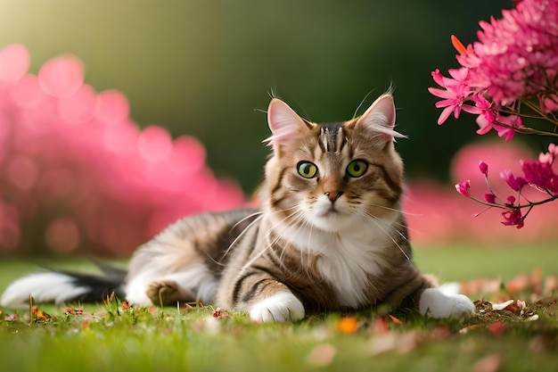 Un gatto sdraiato sull'erba con fiori sullo sfondo