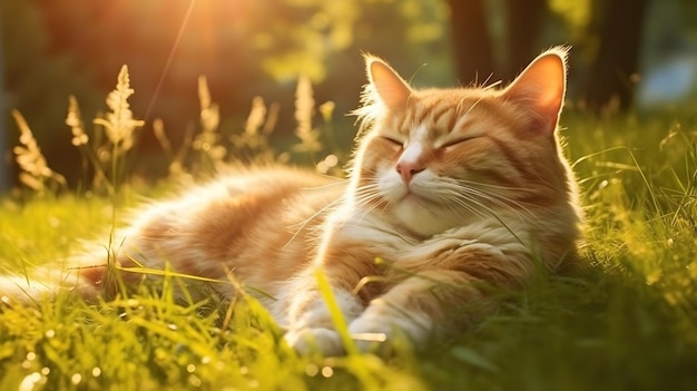 Un gatto sdraiato sull'erba davanti a un tramonto