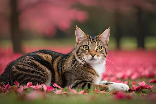 Un gatto sdraiato sull'erba davanti a uno sfondo rosa