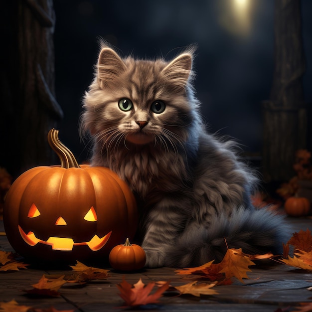 un gatto seduto accanto a una zucca di Halloween