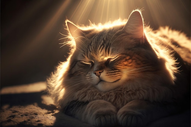 Un gatto seduto in un raggio di sole con gli occhi chiusi