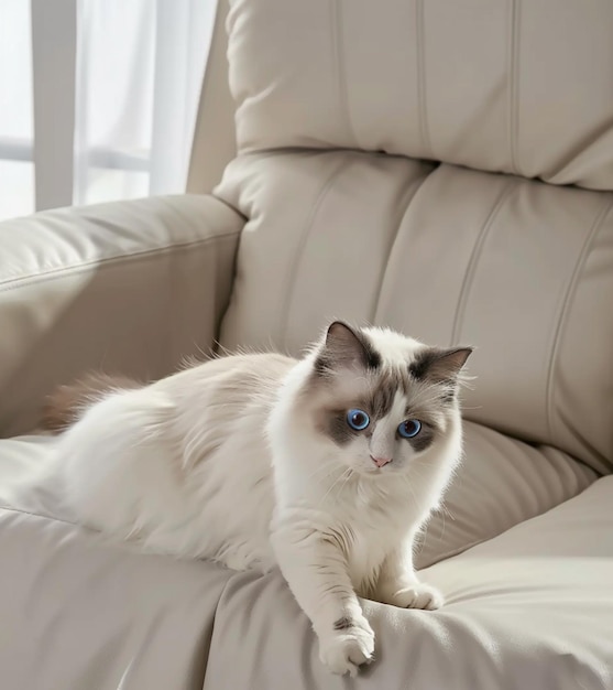 un gatto seduto su un divano con le zampe in su