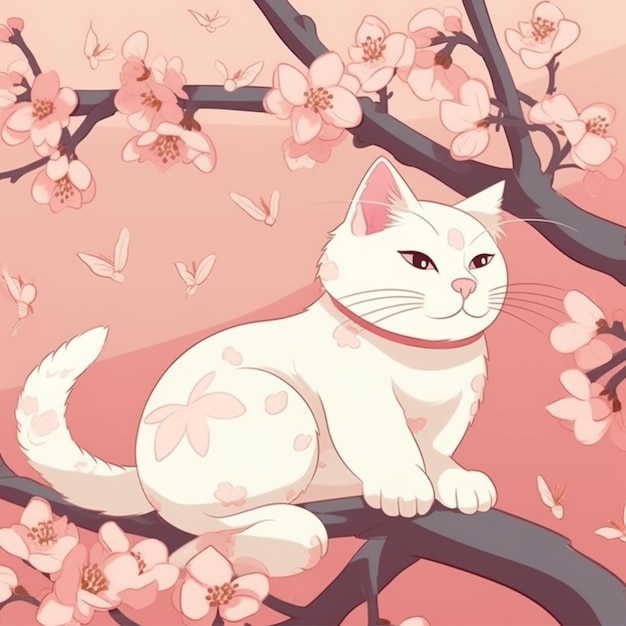 Un gatto seduto su un ramo di un albero di fiori di ciliegio.