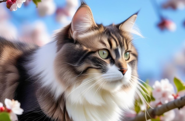 Un gatto seduto su un ramo in fiore di un albero di mele in primavera