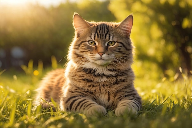 Un gatto seduto su un ritratto di erba verde ai generativa