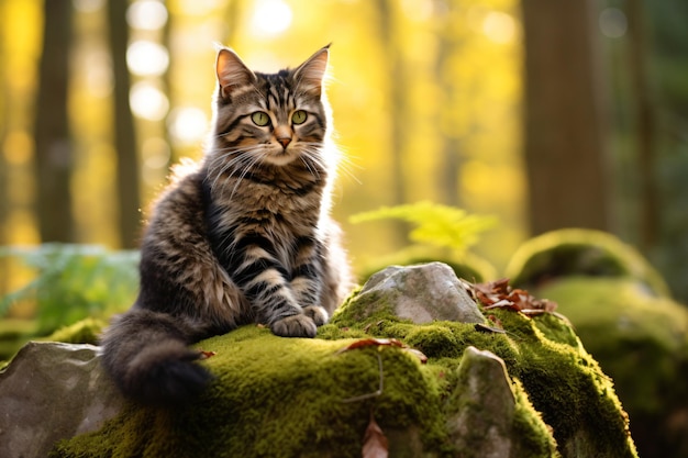 un gatto seduto su una roccia coperta di muschio nel bosco