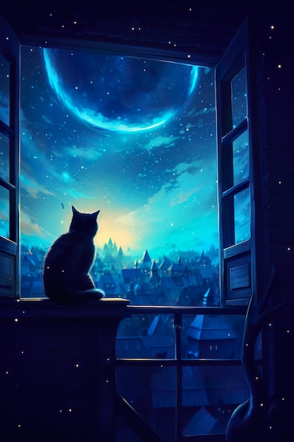 Un gatto seduto sul davanzale di una finestra che guarda l'immagine generativa ai del cielo notturno