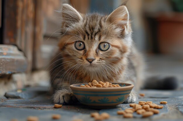 Un gatto senzatetto carino che mangia da una ciotola.