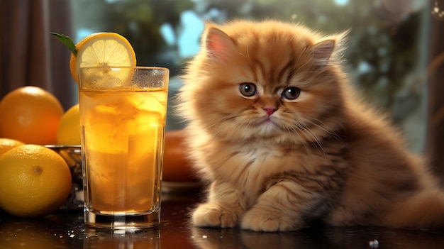 Un gatto si siede accanto a un bicchiere di tè freddo.