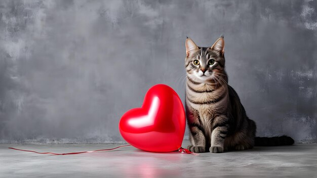 un gatto si siede accanto a un cuore rosso che dice "amore"