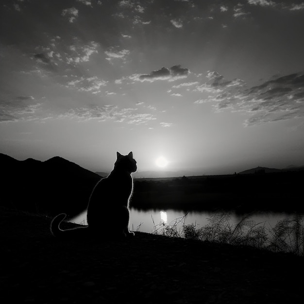 un gatto si siede davanti a un lago e il sole sta tramontando.