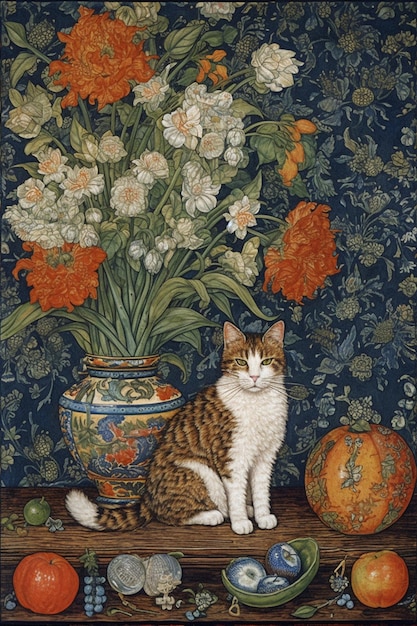 Un gatto si siede davanti a un vaso di fiori e un vaso di fiori.