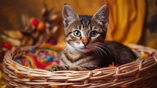 Un gatto si siede in un cesto con uno sfondo autunnale colorato.