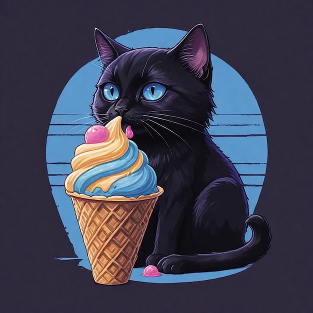 un gatto si siede in un cono di gelato con un'immagine di cartone animato di un gatto seduto su di esso
