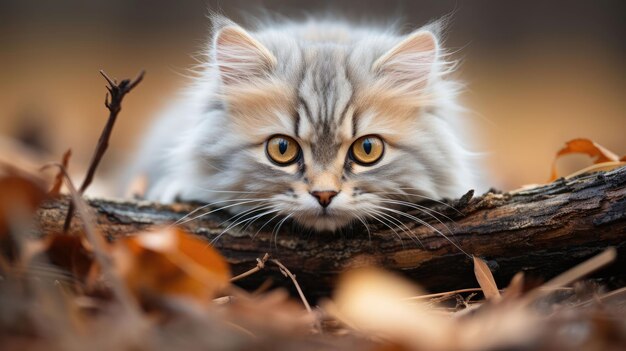 un gatto si siede in un mucchio di foglie d'autunno.