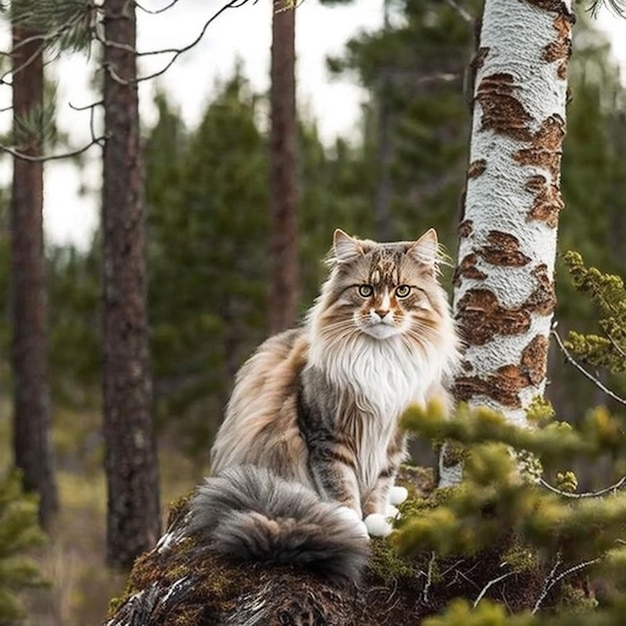 Un gatto si siede su un albero nel bosco.