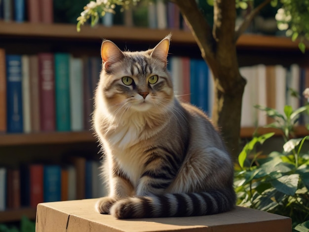 un gatto si siede su un cornicione con libri sullo sfondo