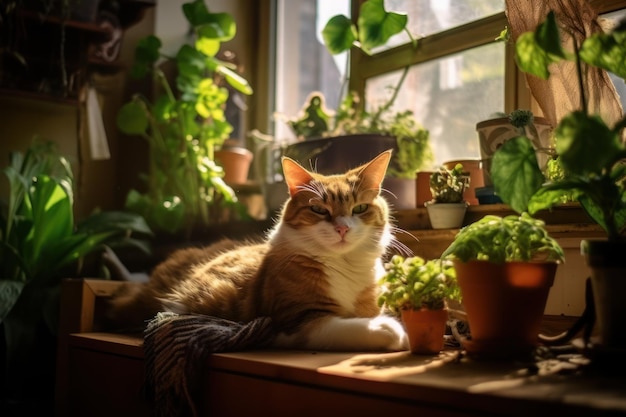 Un gatto si siede su un davanzale davanti a una finestra con piante.