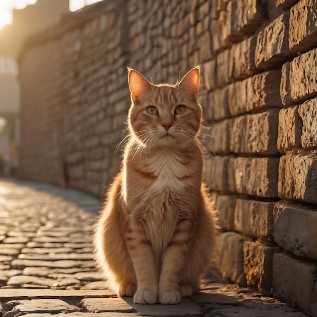 un gatto si siede su un marciapiede di mattoni davanti a un muro di mattoni