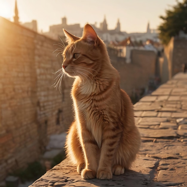 un gatto si siede su un muro al sole