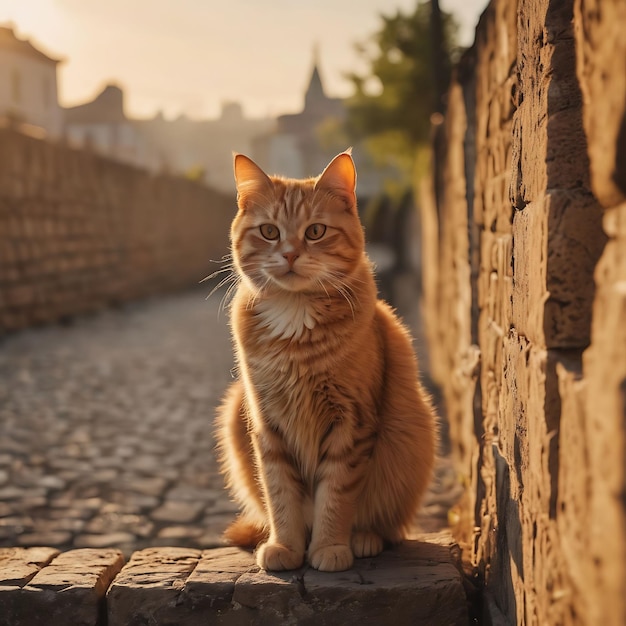 un gatto si siede su un muro di pietra di fronte a un muro