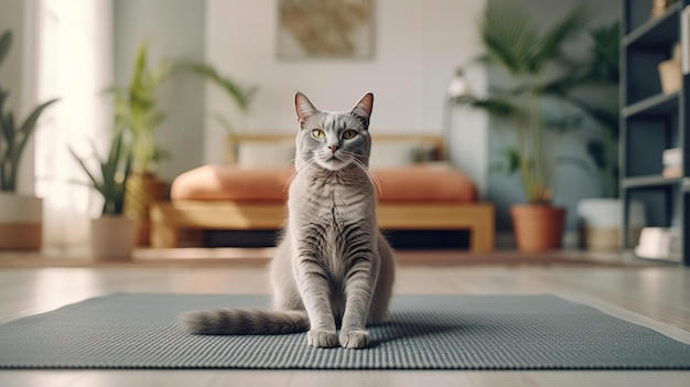 Un gatto si siede su un tappetino in uno studio di yoga.