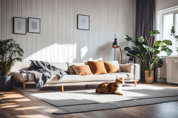 Un gatto si siede su un tappeto in un soggiorno con una pianta sul muro.