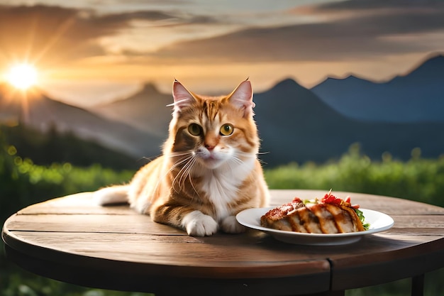 Un gatto si siede su un tavolo accanto a un piatto di pollo alla griglia.